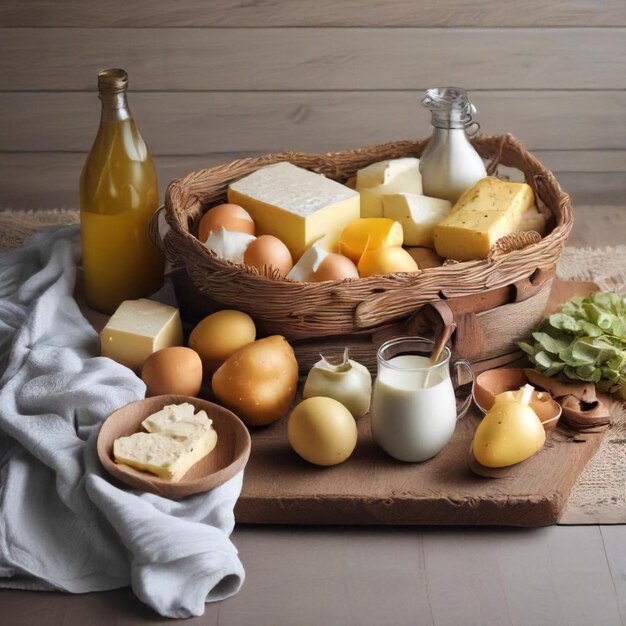 Photo a basket of cheese eggs and cheese sits on a table