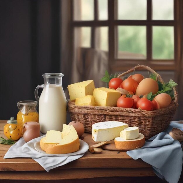 Photo a basket of cheese and tomatoes on a table with a bottle of milk