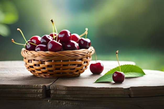 A basket of cherries with green leaves and a green background.