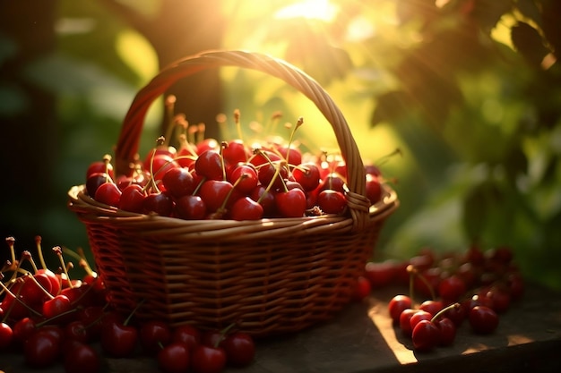 a basket of cherries with a sun shining behind them