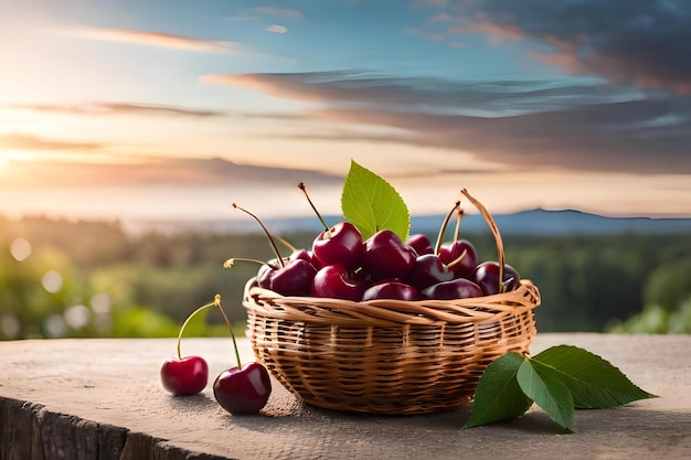 A basket of cherries with a sunset in the background.