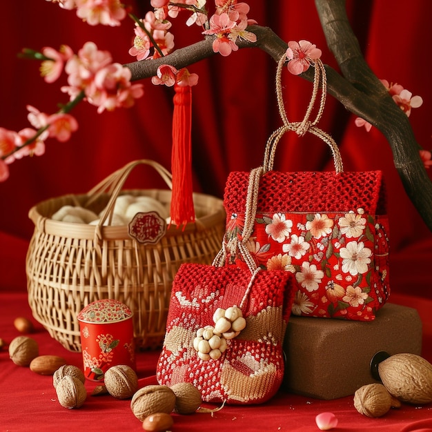 a basket of cherry blossoms and a bag of chocolates