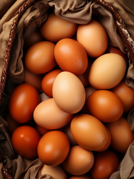 A basket of chicken eggs an important food item A few brown eggs among the cells of a large cardboard bag or in a basket a tray for carrying and storing fragile eggs Generative AI