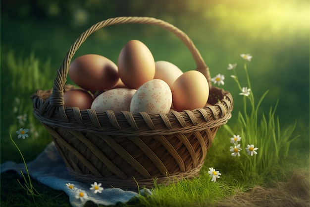 Basket of chicken eggs on nature background