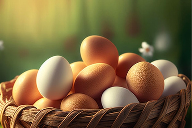 basket of chicken eggs on nature background.