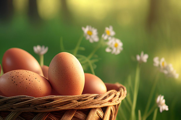 basket of chicken eggs on nature background.