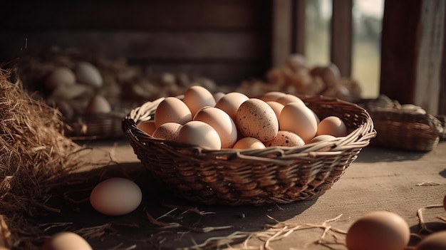 Basket of chicken eggs on a wooden table over farm in the countryside