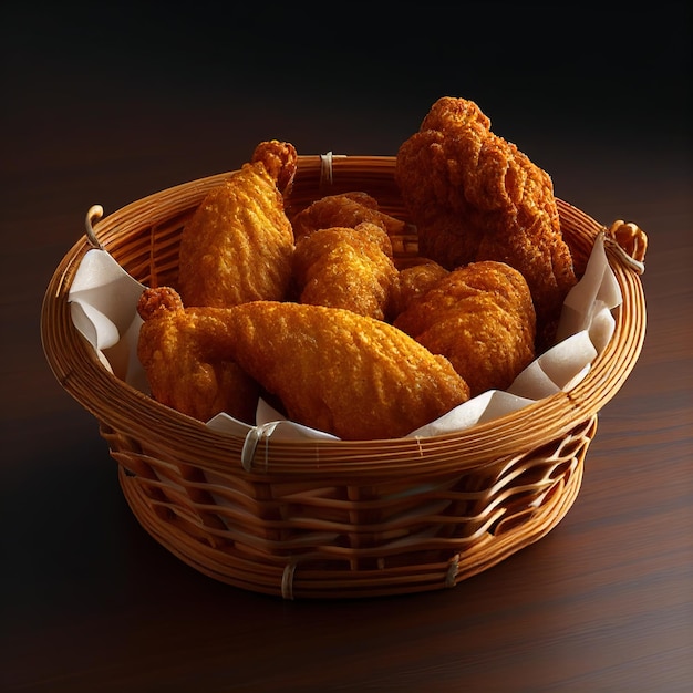 A basket of chicken nuggets is on a table.