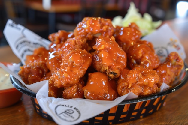 Photo a basket of chicken wings sits on a table