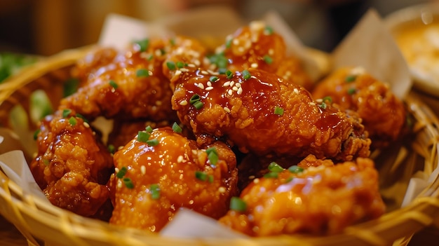 a basket of chicken wings with a basket of food