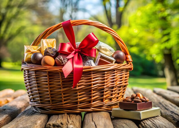 a basket of chocolates and chocolates sits on a log