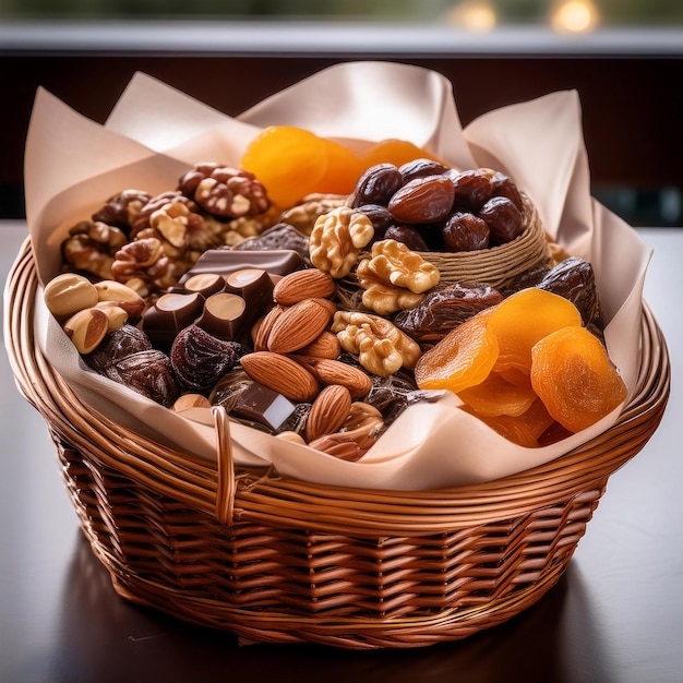 a basket of chocolates and nuts with a bow on it