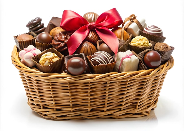 a basket of chocolates with a red bow on it