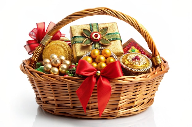 a basket of christmas ornaments with a red ribbon around it