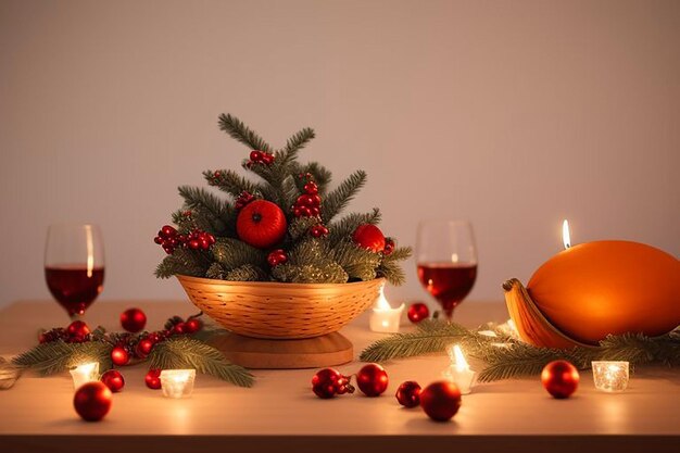 a basket of christmas trees and candles with a candle in the background