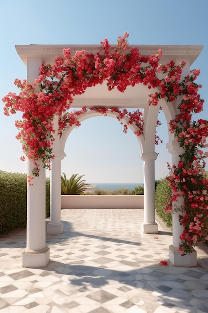 basket closeup with petals wedding in cyprus bride and groom on a stone bridge in Ag Generative AI