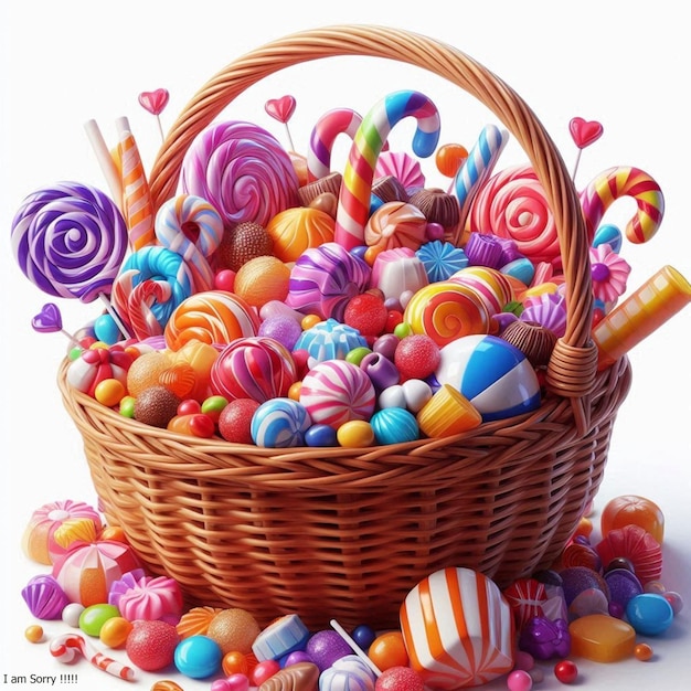 a basket of colorful candy with a basket of candy in the middle