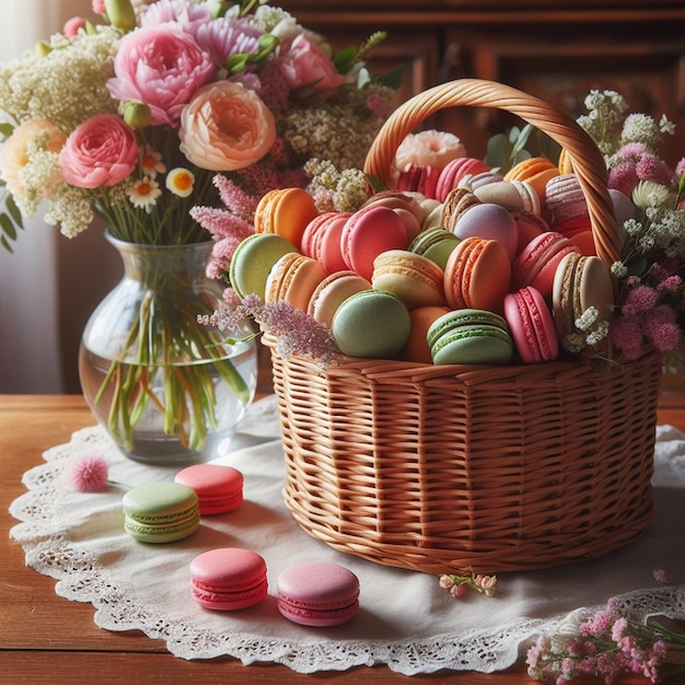 A basket of colorful cookies and flowers sits on a table