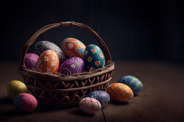 A basket of colorful easter eggs on a dark background