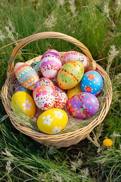 A basket of colorful easter eggs is sitting in the grass.