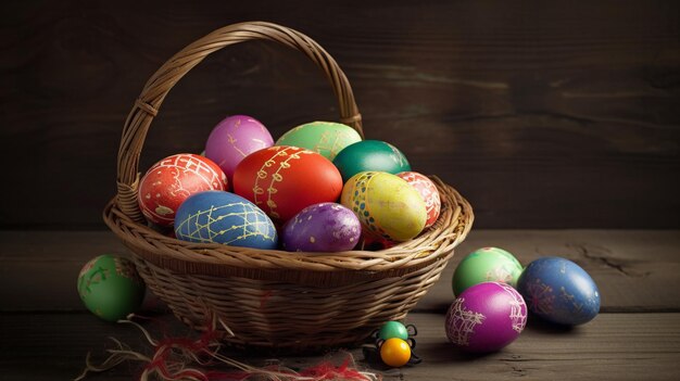 A basket of colorful easter eggs sits on a table