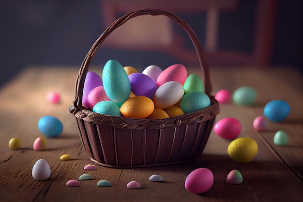 A basket of colorful easter eggs sits on a wooden table