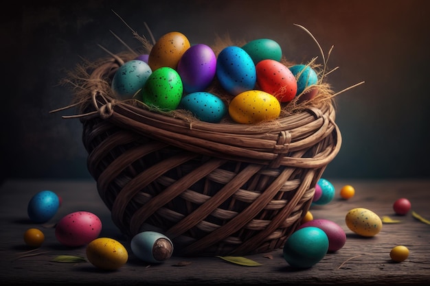 A basket of colorful easter eggs sits on a wooden table.