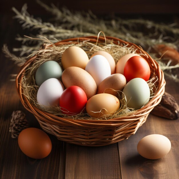 Basket of colorful fresh eggs on wooden table