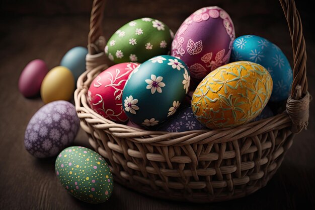 Basket of Colorful hand painted Easter eggs Generative AI