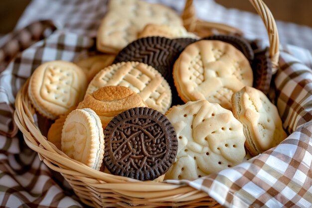 Photo basket of cookies on checkered tablecloth