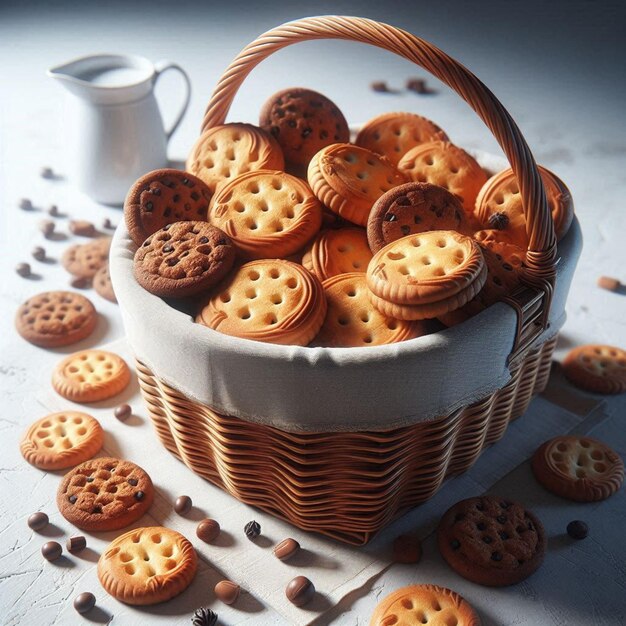 a basket of cookies with coffee beans and coffee beans