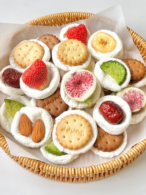 A basket of cookies with a fruit on it