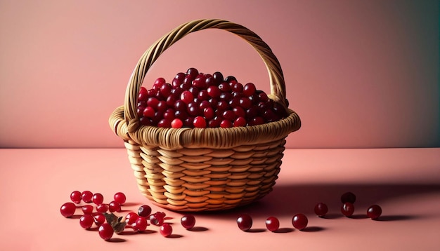 A basket of cranberries sits on a pink background.