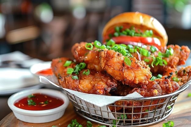 A basket of crispy fried chicken tenders topped with fresh green onions served with a side of