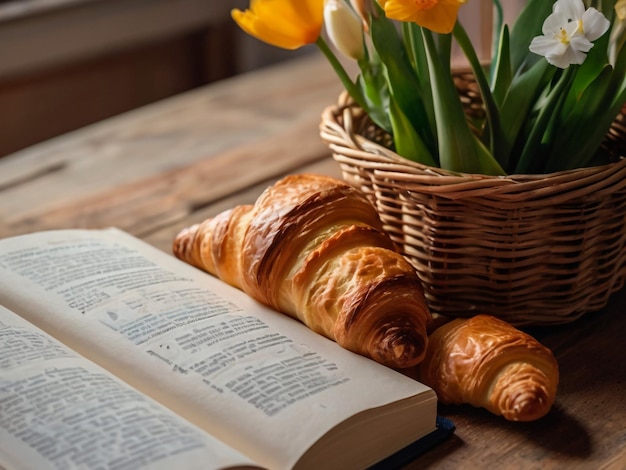 a basket of croissants and a book with flowers in the background