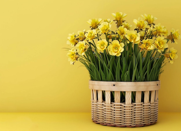 A basket of daffodils is on a yellow background.