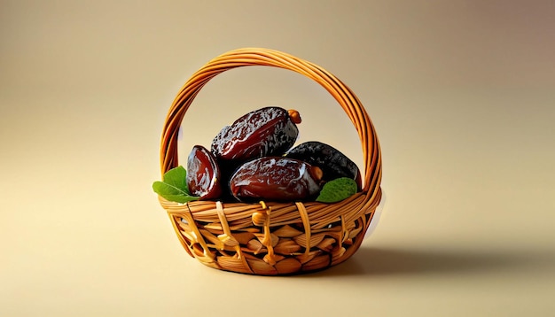 A basket of dates is shown with green leaves.