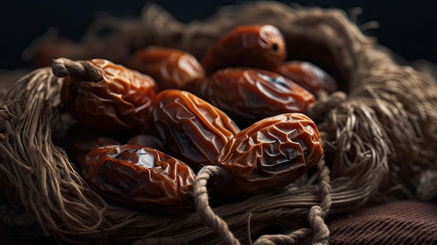 A basket of dates with a rope tied around it