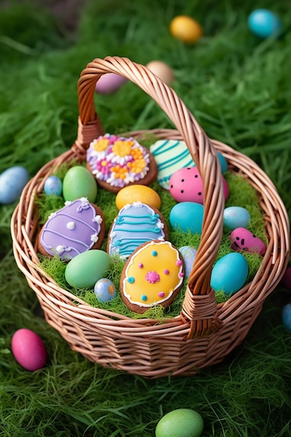 A basket of decorated easter eggs with colorful cookies and the word easter on it.