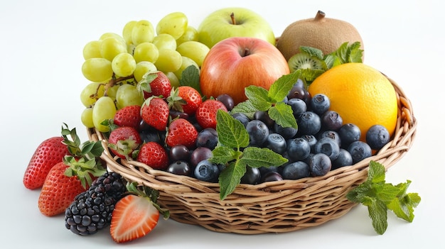 a basket of different fruits including a fruit a pear and a pear