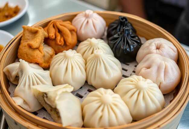 Photo a basket of dumplings including a black bag and some other items