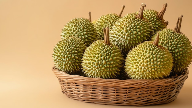 a basket of durian fruit with a yellow background