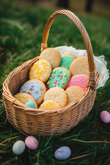 Basket of easter cookies on the grass