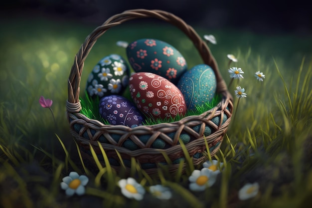 A basket of easter eggs on a grass ai generative