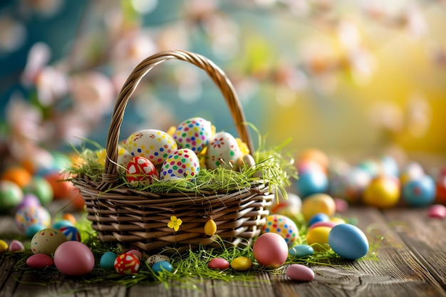 Basket of easter eggs on green grass at sunny day