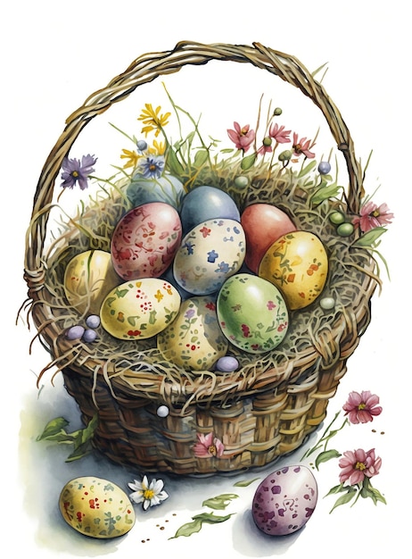 A basket of easter eggs is filled with colorful eggs.