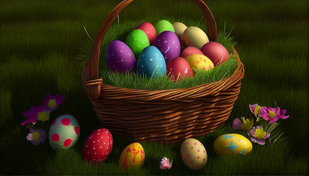 A basket of easter eggs is filled with colorful eggs