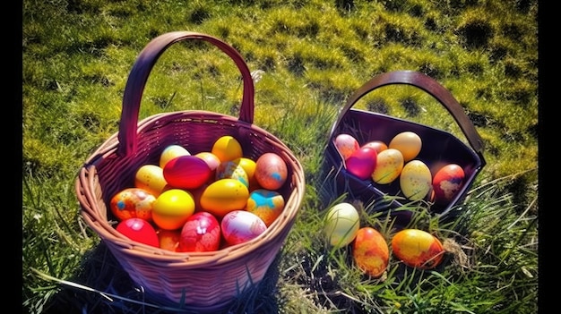 A basket of easter eggs is filled with colorful eggs.