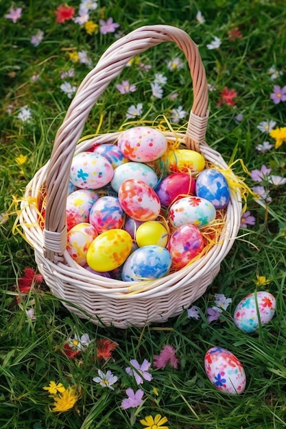 A basket of easter eggs is filled with colorful paint.