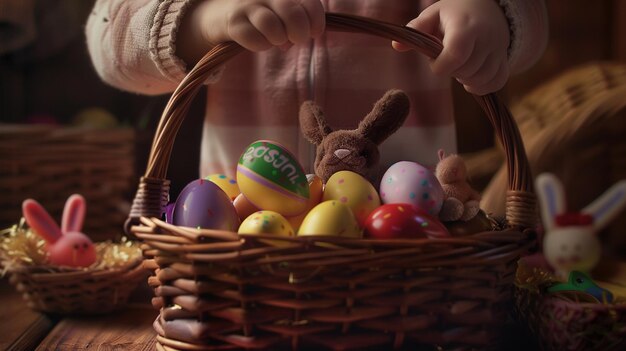 Photo a basket of easter eggs with a bunny in it